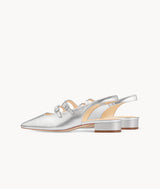 Silver Moon Mary Jane-Square-toe Silver Slingback Flat with 25mm heel