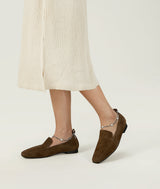 Coffee Croissant Square-toe brown suede Mattress Flat Loafers with 18mm heel